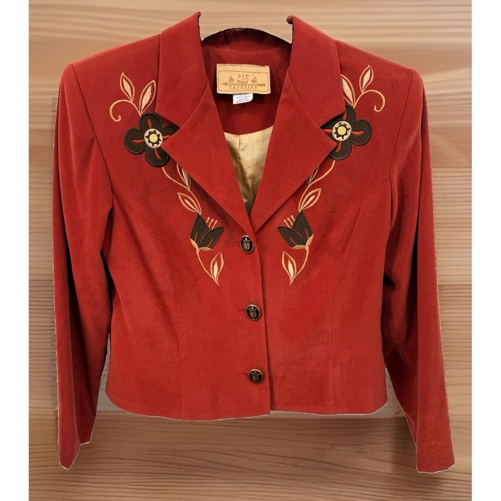 Vintage New Frontier Blazer Women M Brick Red Faux Suede Embroidered Tulips Boho